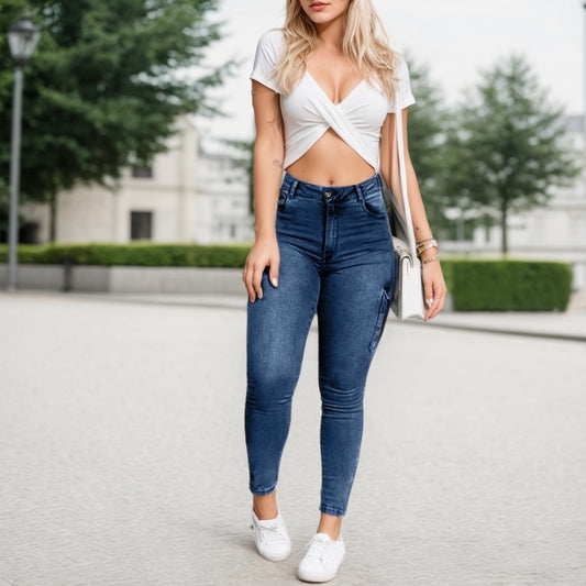 Multi-pocket High-stretch Mid-rise Zipper-hem Skinny Pencil Pants