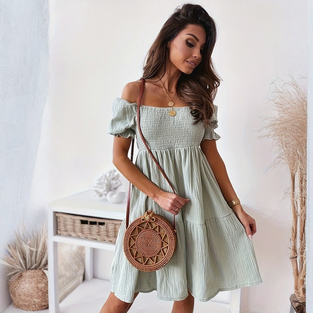 Casual Sexy One Word Collar Wrinkle Puff Sleeve Mid Dresses